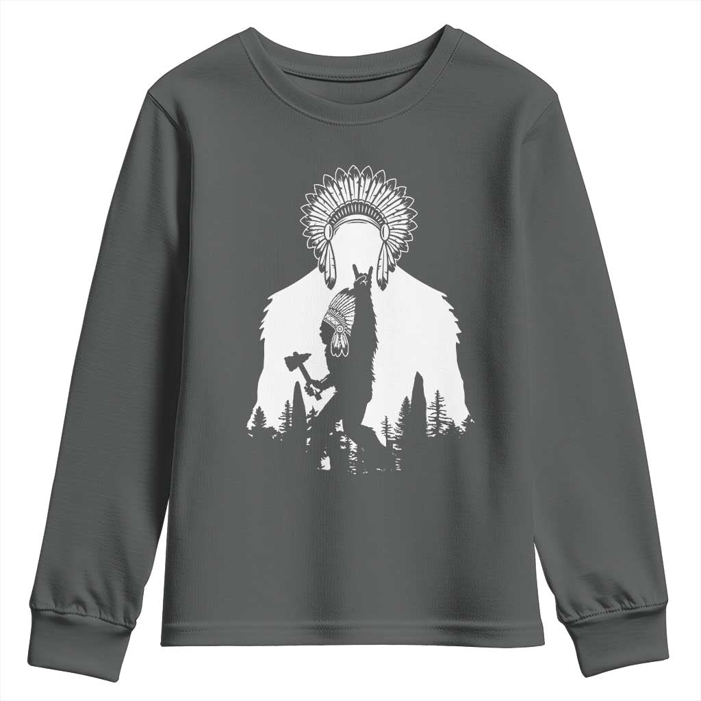 Bigfoot Native American Chief Youth Sweatshirt Hunting Spear Warrior Graphic TS12 Dark Heather Print Your Wear