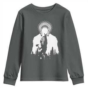 Bigfoot Native American Chief Youth Sweatshirt Hunting Spear Warrior Graphic TS12 Dark Heather Print Your Wear