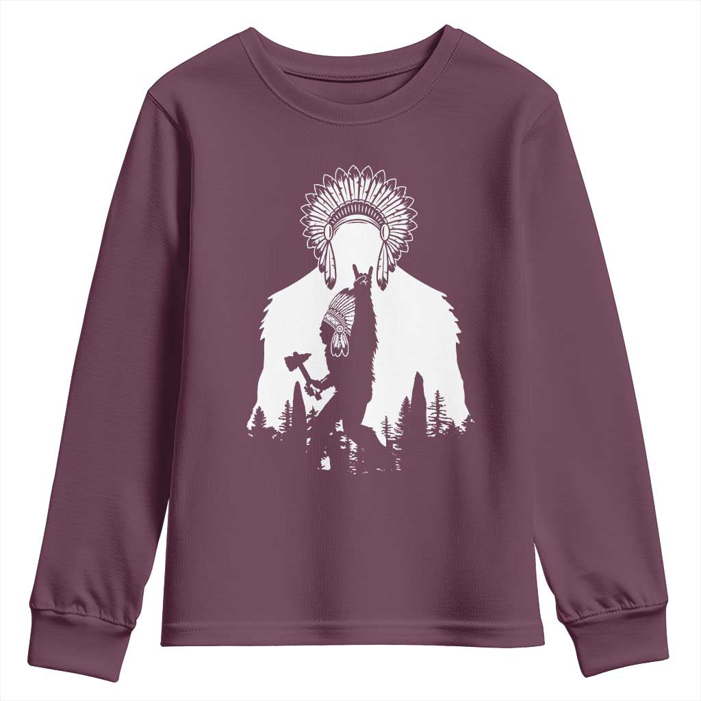 Bigfoot Native American Chief Youth Sweatshirt Hunting Spear Warrior Graphic TS12 Maroon Print Your Wear