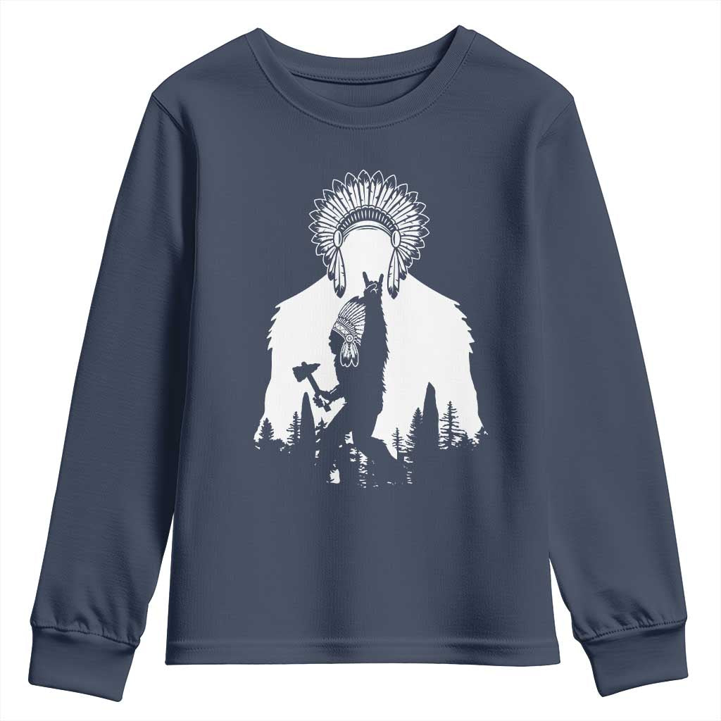 Bigfoot Native American Chief Youth Sweatshirt Hunting Spear Warrior Graphic TS12 Navy Print Your Wear