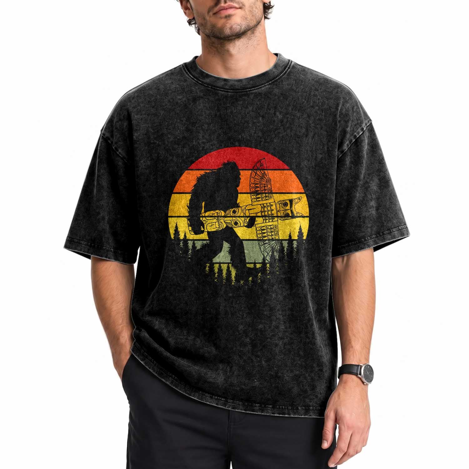 Vintage Pacific Northwest Bigfoot With Totem Pole Washed Cotton T-Shirt