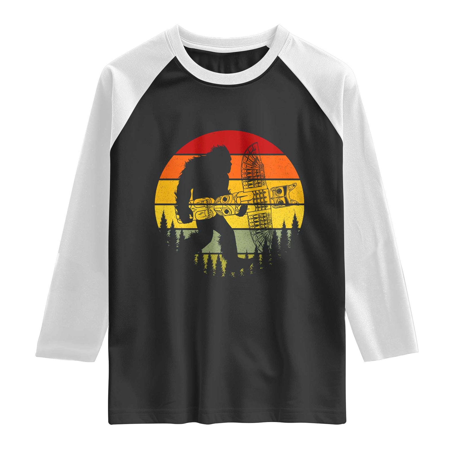 Vintage Pacific Northwest Bigfoot With Totem Pole Raglan Shirt TS12 Black White Print Your Wear