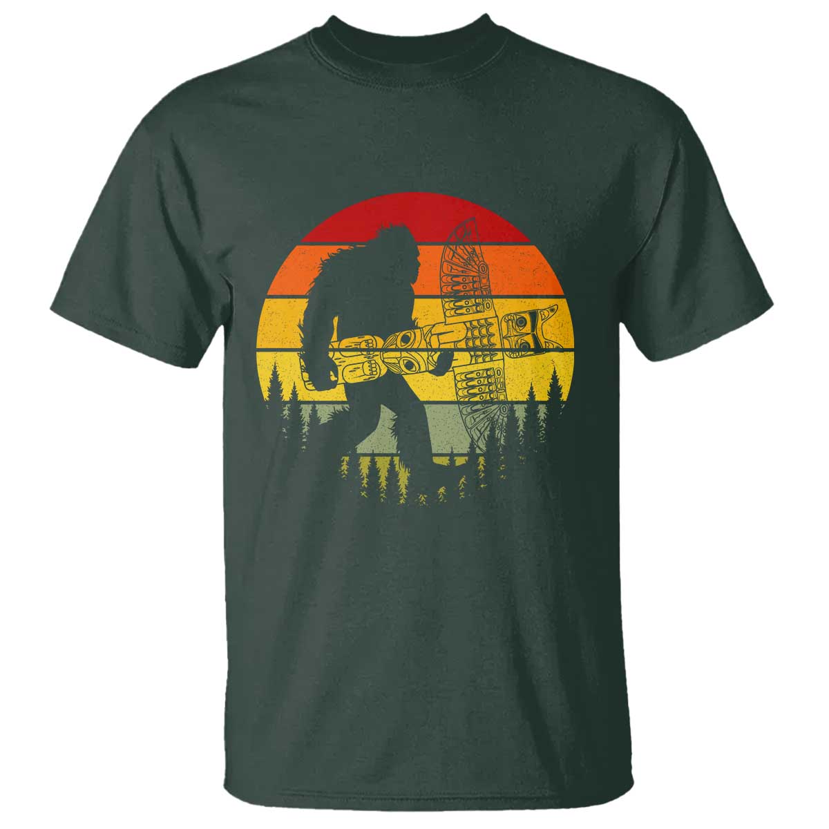 Vintage Pacific Northwest Bigfoot With Totem Pole T Shirt TS12 Dark Forest Green Print Your Wear