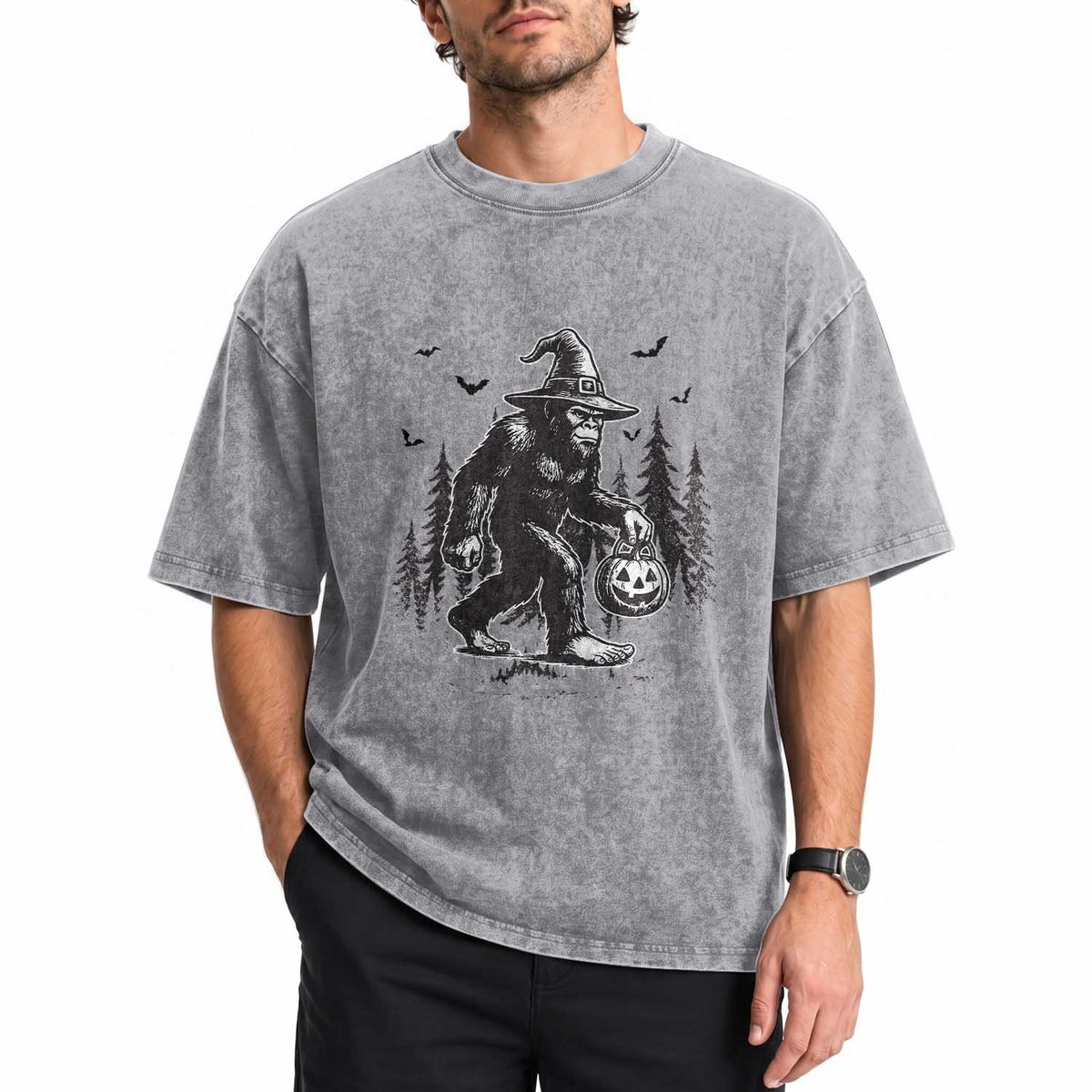 Funny Halloween Gift Washed Cotton T-Shirt Bigfoot Witch Costume