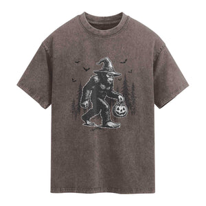 Funny Halloween Gift Washed Cotton T-Shirt Bigfoot Witch Costume