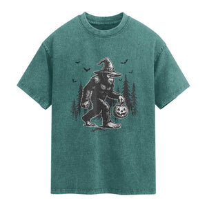 Funny Halloween Gift Washed Cotton T-Shirt Bigfoot Witch Costume