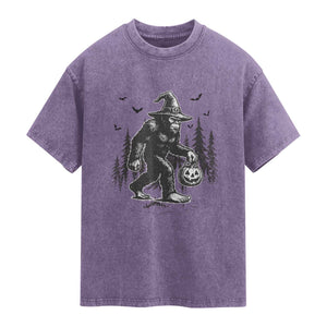 Funny Halloween Gift Washed Cotton T-Shirt Bigfoot Witch Costume