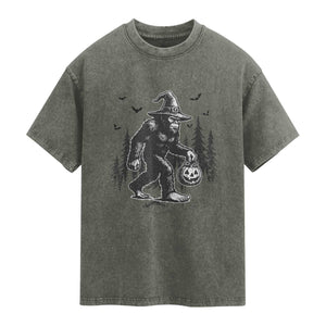 Funny Halloween Gift Washed Cotton T-Shirt Bigfoot Witch Costume