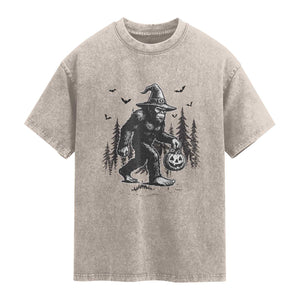 Funny Halloween Gift Washed Cotton T-Shirt Bigfoot Witch Costume