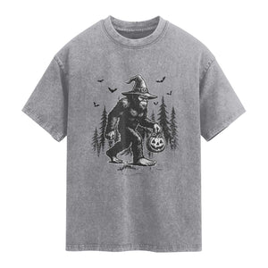 Funny Halloween Gift Washed Cotton T-Shirt Bigfoot Witch Costume