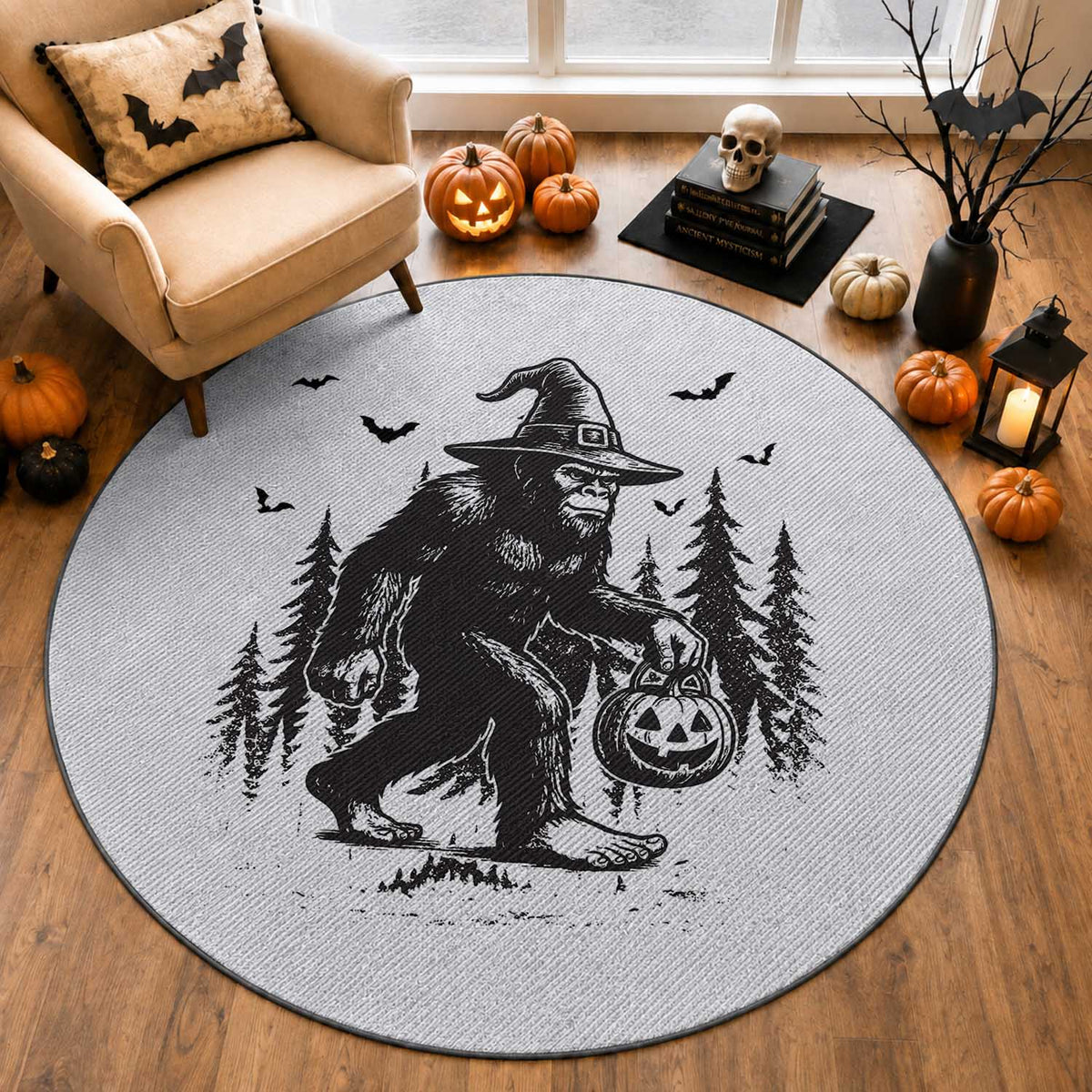 Funny Halloween Gift Round Rug Bigfoot Witch Costume
