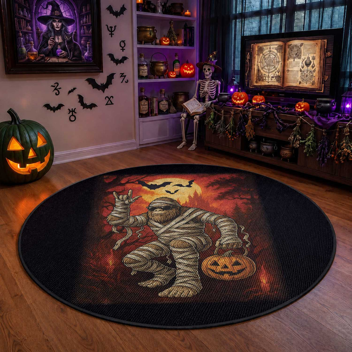 Halloween Mummy Bigfoot Round Rug Funny Cryptid Gift