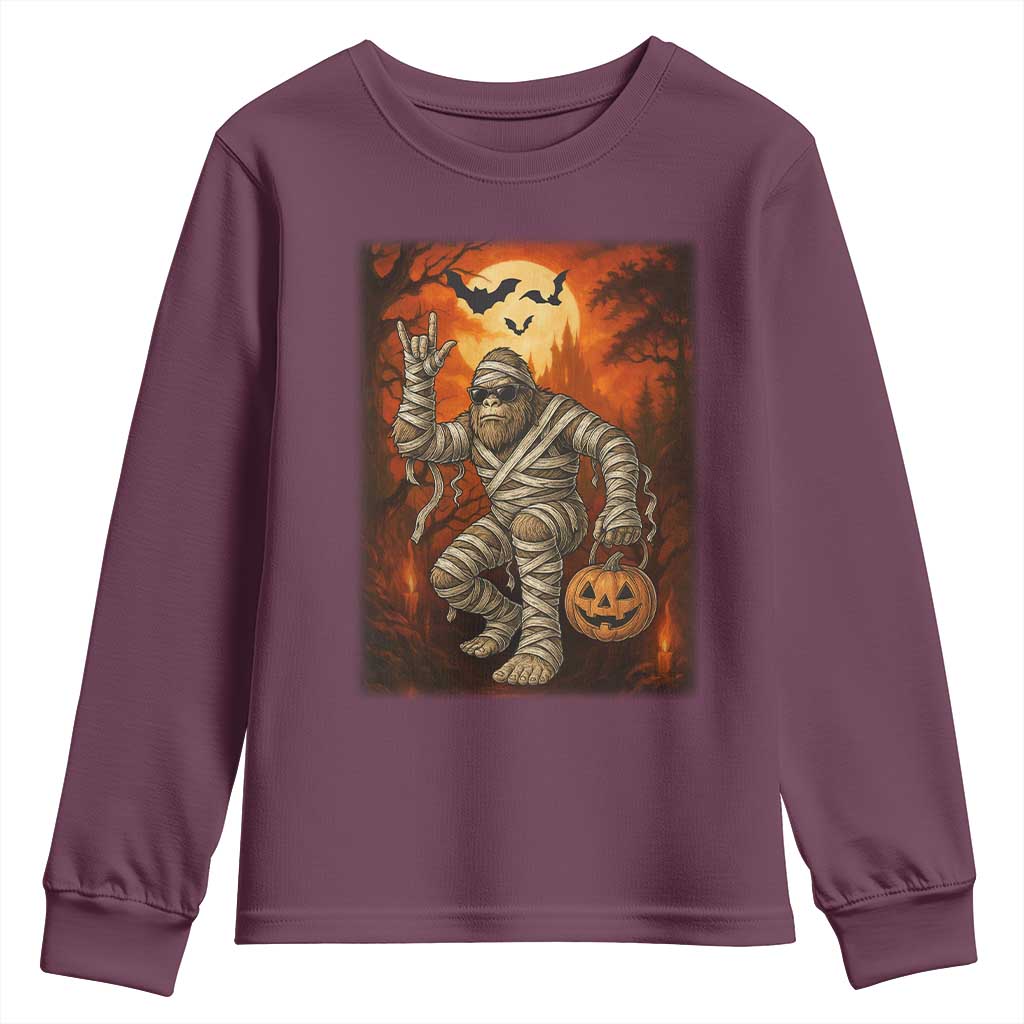 Halloween Mummy Bigfoot Youth Sweatshirt Funny Cryptid Gift TS12 Maroon Print Your Wear