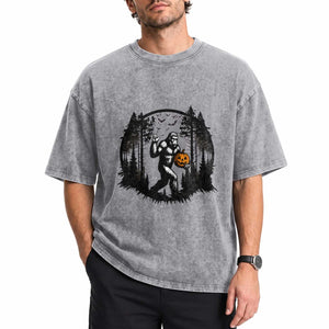 Funny Halloween Bigfoot With Jack O Lantern Washed Cotton T-Shirt