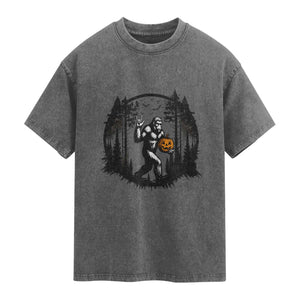 Funny Halloween Bigfoot With Jack O Lantern Washed Cotton T-Shirt