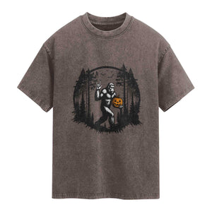 Funny Halloween Bigfoot With Jack O Lantern Washed Cotton T-Shirt