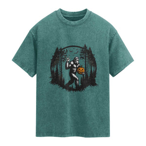 Funny Halloween Bigfoot With Jack O Lantern Washed Cotton T-Shirt