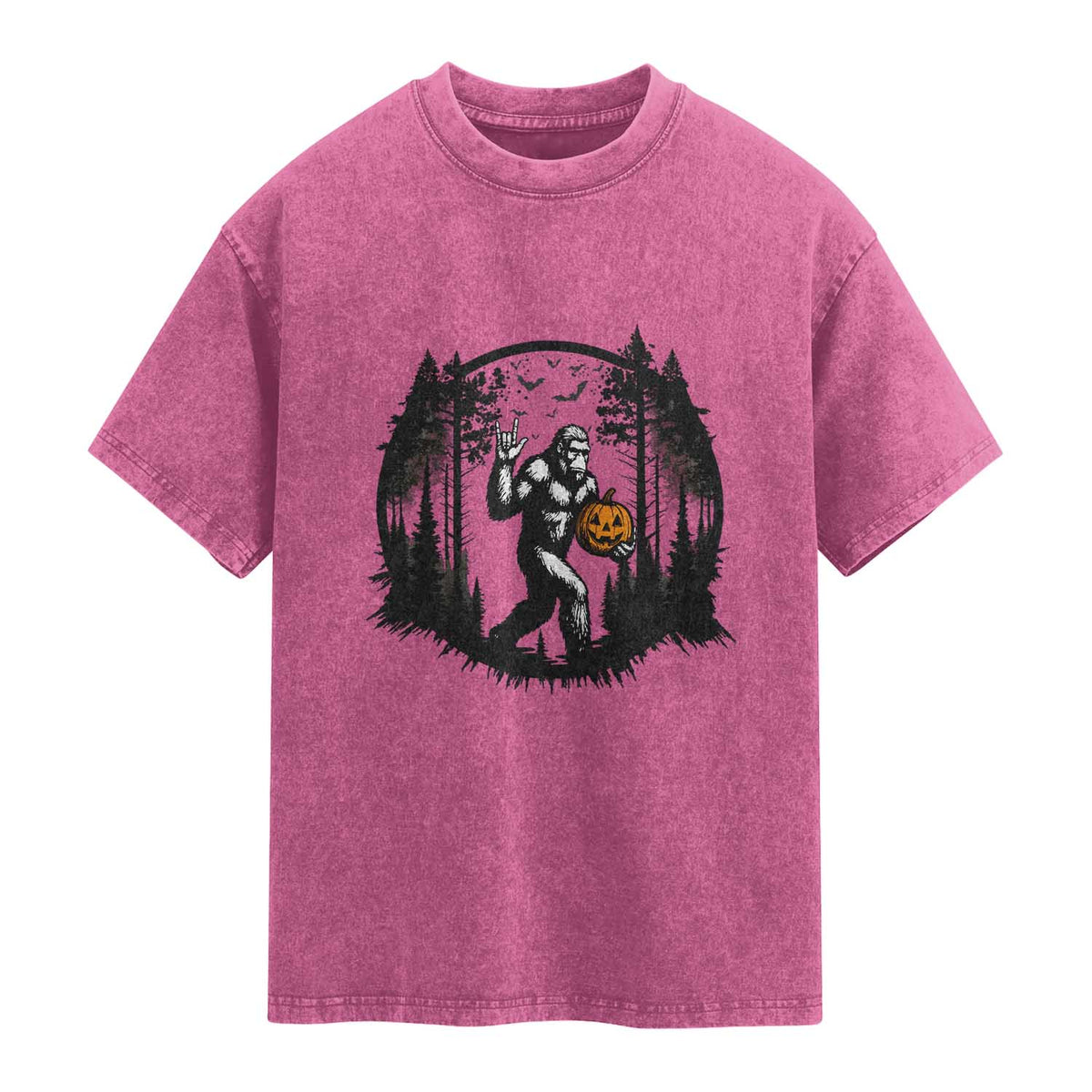 Funny Halloween Bigfoot With Jack O Lantern Washed Cotton T-Shirt