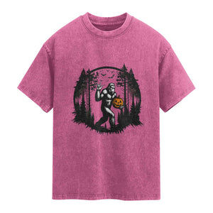 Funny Halloween Bigfoot With Jack O Lantern Washed Cotton T-Shirt