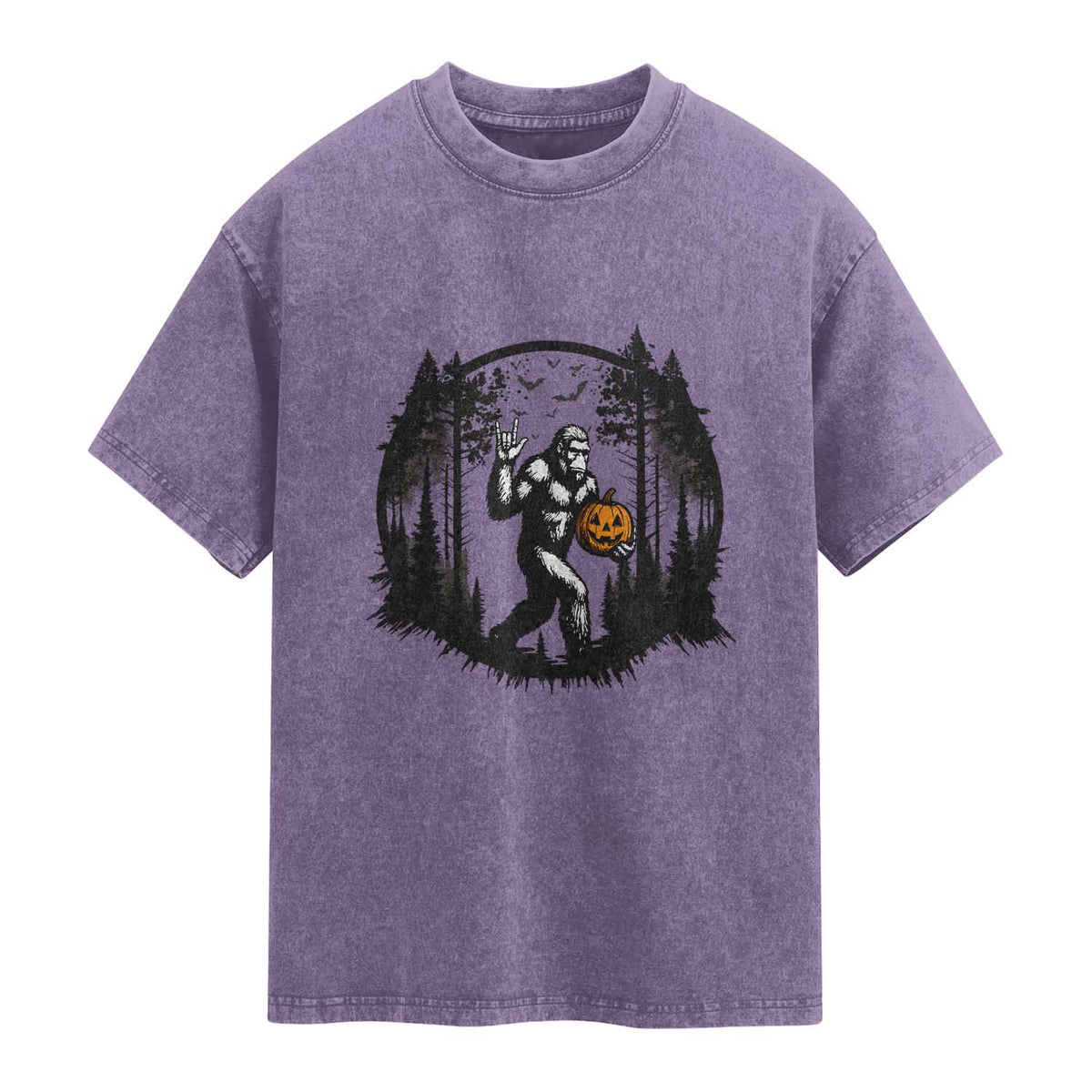Funny Halloween Bigfoot With Jack O Lantern Washed Cotton T-Shirt