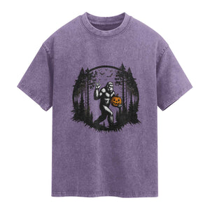 Funny Halloween Bigfoot With Jack O Lantern Washed Cotton T-Shirt