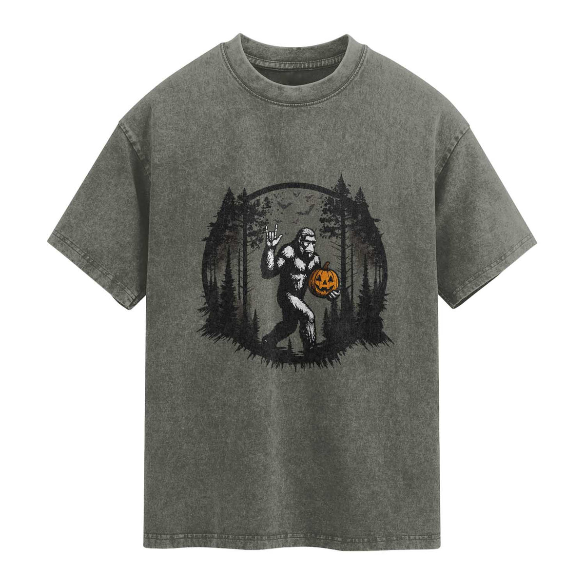Funny Halloween Bigfoot With Jack O Lantern Washed Cotton T-Shirt