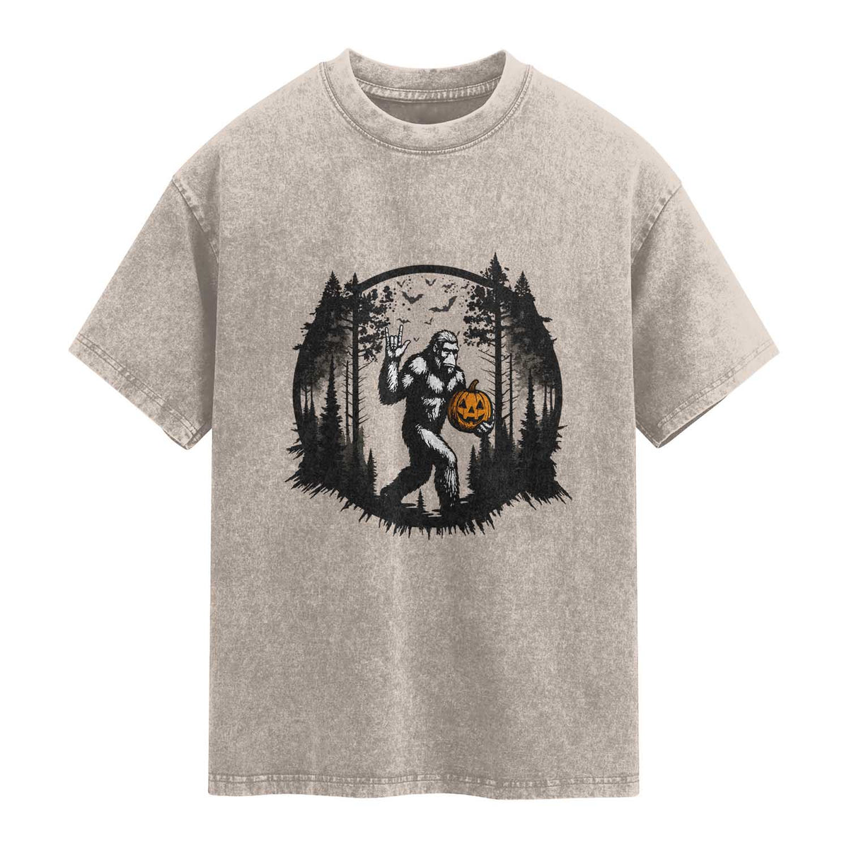 Funny Halloween Bigfoot With Jack O Lantern Washed Cotton T-Shirt
