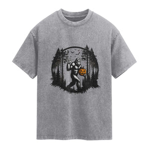 Funny Halloween Bigfoot With Jack O Lantern Washed Cotton T-Shirt