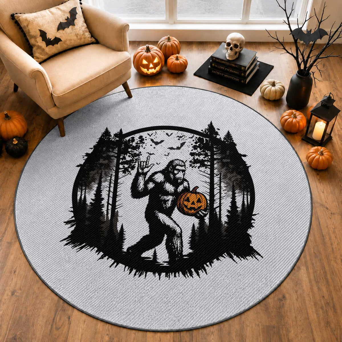Funny Halloween Bigfoot With Jack O Lantern Round Rug