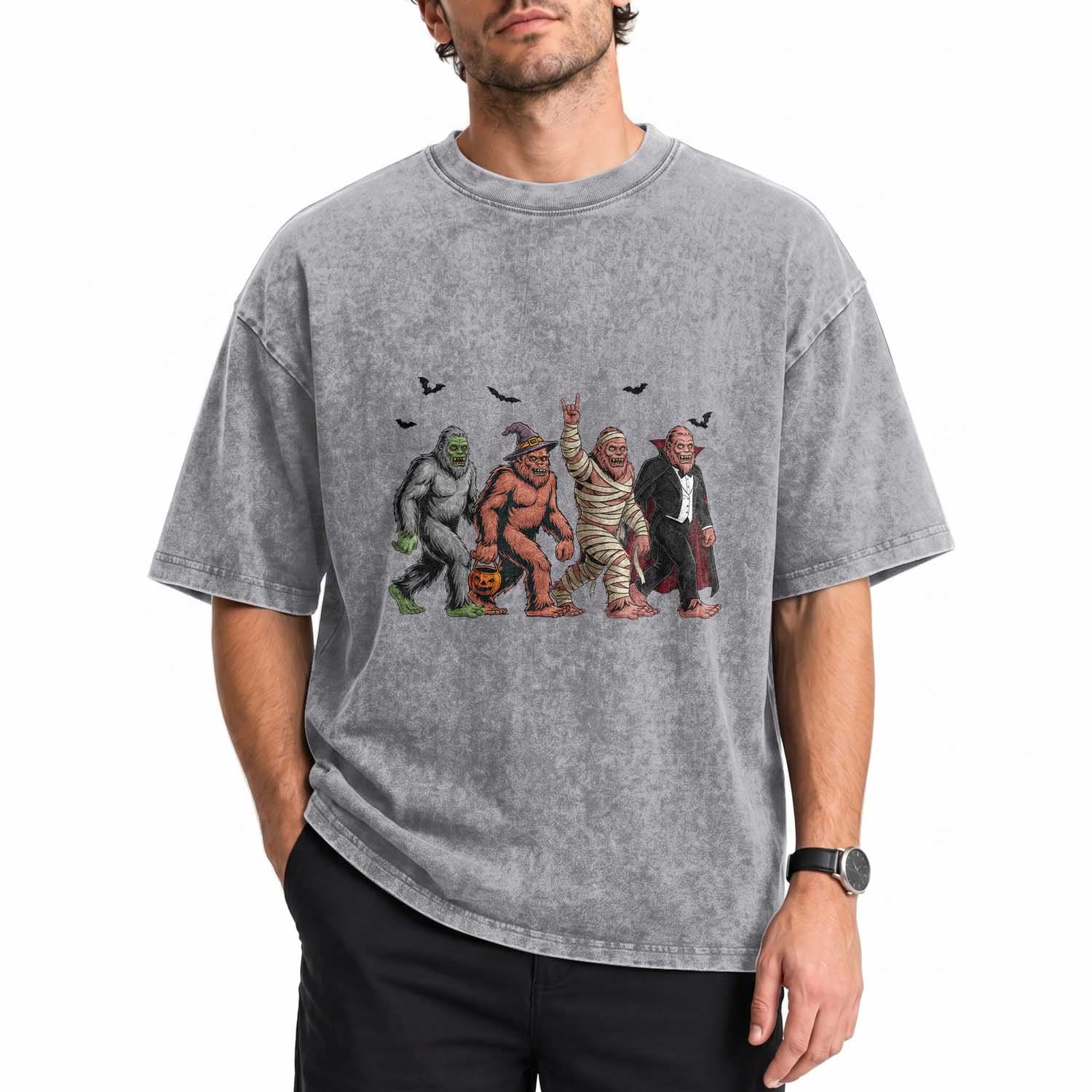 Funny Halloween Washed Cotton T-Shirt Bigfoot Monster Cosplay Characters