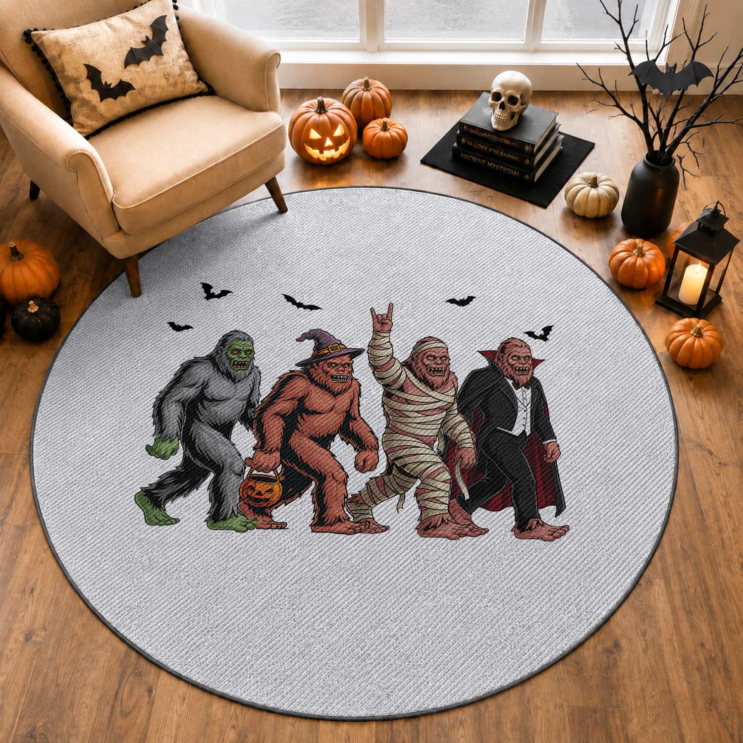 Funny Halloween Round Rug Bigfoot Monster Cosplay Characters