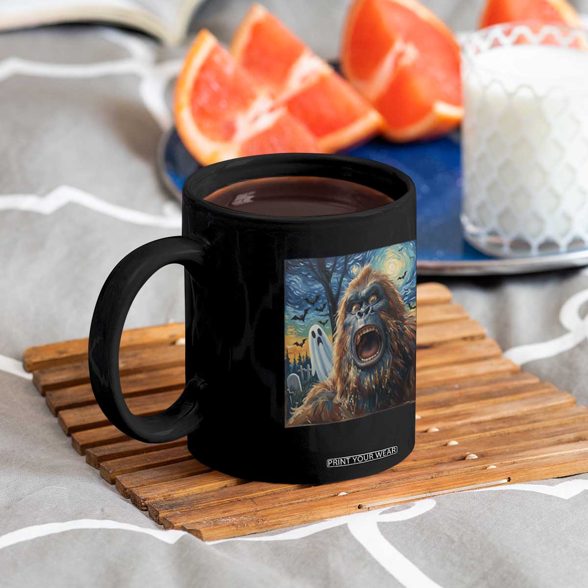 Funny Halloween Coffee Mug Bigfoot Selfie With Ghost Starry Night Art TS12 Print Your Wear