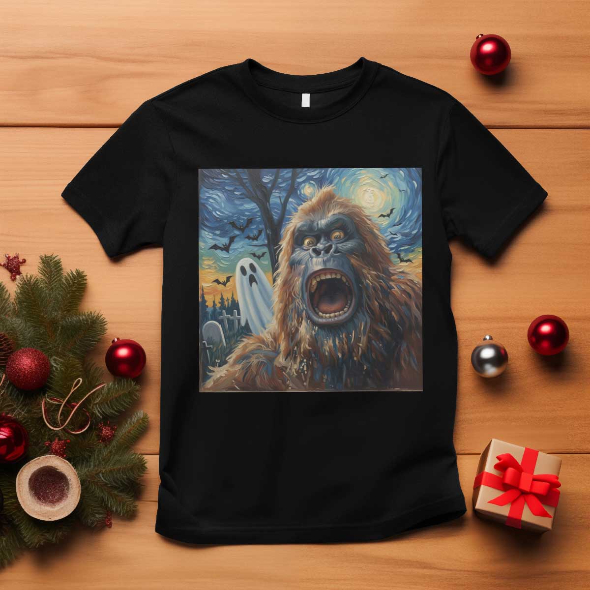 Funny Halloween T Shirt Bigfoot Selfie With Ghost Starry Night Art TS12 Black Print Your Wear