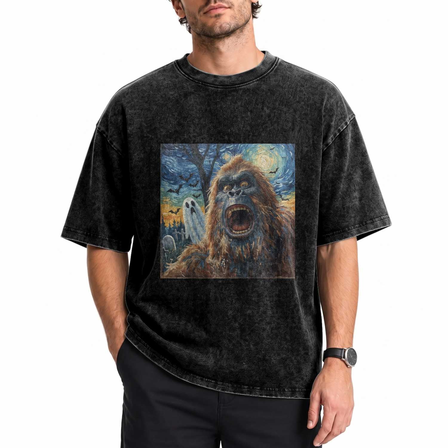 Funny Halloween Washed Cotton T-Shirt Bigfoot Selfie With Ghost Starry Night Art