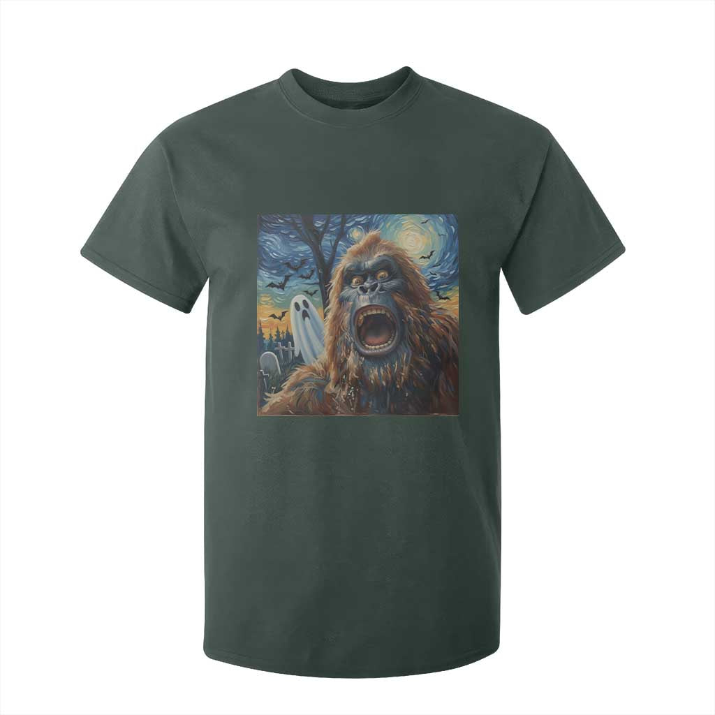 Funny Halloween T Shirt For Kid Bigfoot Selfie With Ghost Starry Night Art TS12 Dark Forest Green Print Your Wear