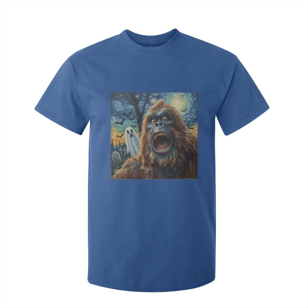 Funny Halloween T Shirt For Kid Bigfoot Selfie With Ghost Starry Night Art TS12 Royal Blue Print Your Wear
