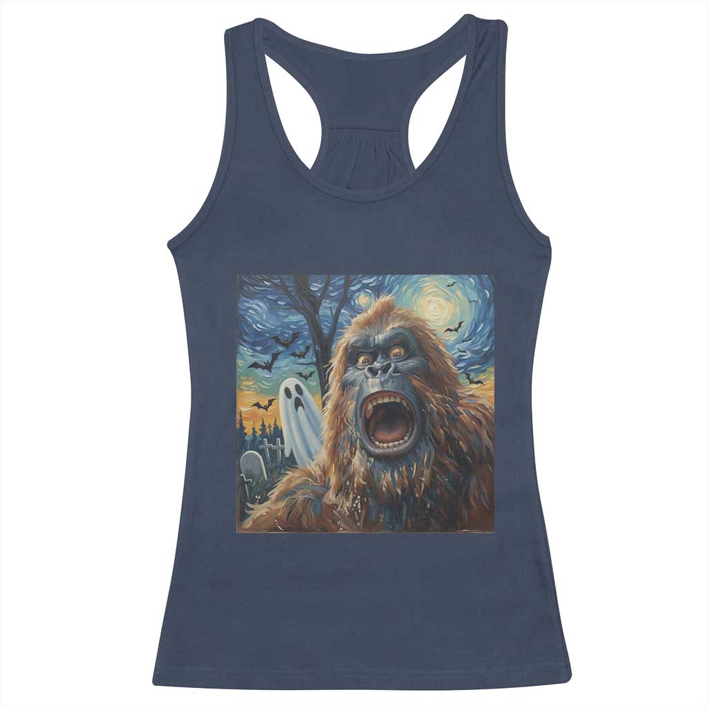 Funny Halloween Racerback Tank Top Bigfoot Selfie With Ghost Starry Night Art TS12 Navy Print Your Wear