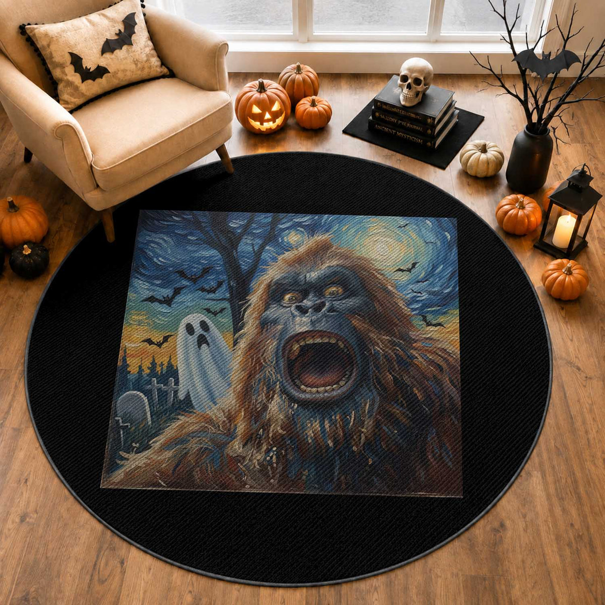 Funny Halloween Round Rug Bigfoot Selfie With Ghost Starry Night Art