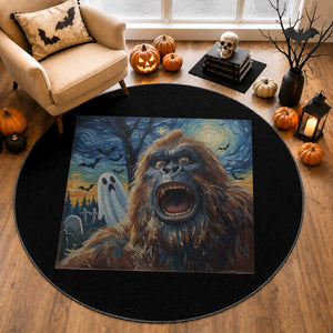 Funny Halloween Round Rug Bigfoot Selfie With Ghost Starry Night Art