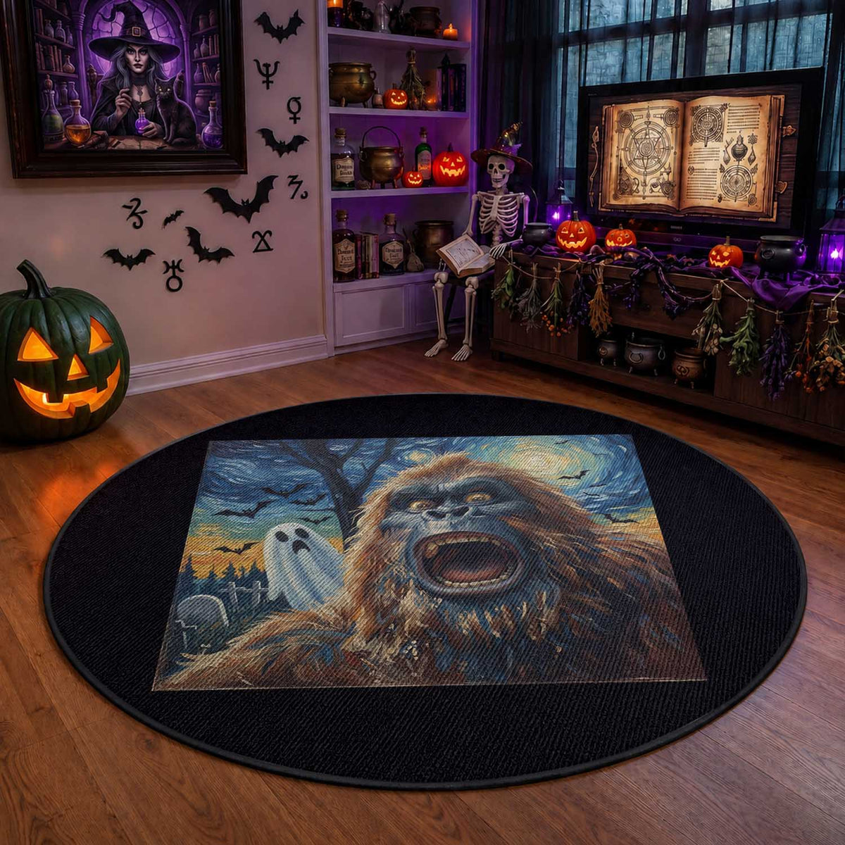 Funny Halloween Round Rug Bigfoot Selfie With Ghost Starry Night Art