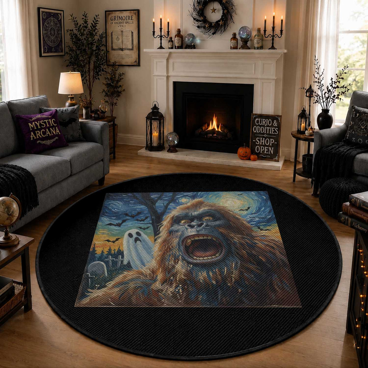 Funny Halloween Round Rug Bigfoot Selfie With Ghost Starry Night Art