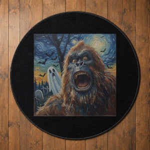Funny Halloween Round Rug Bigfoot Selfie With Ghost Starry Night Art