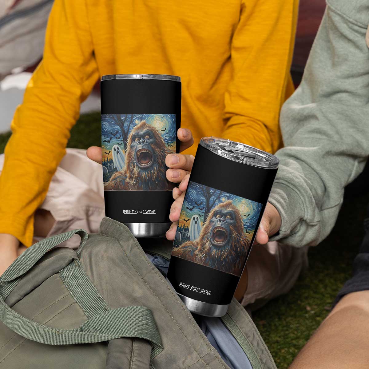 Funny Halloween Tumbler Cup Bigfoot Selfie With Ghost Starry Night Art TS12 Print Your Wear