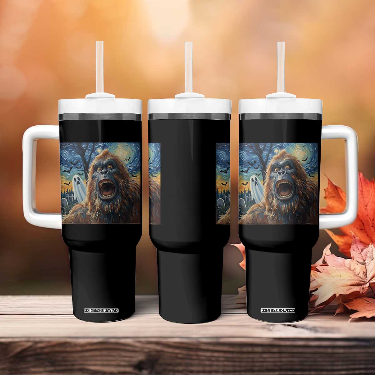 Funny Halloween Tumbler With Handle Bigfoot Selfie With Ghost Starry Night Art TS12 Print Your Wear