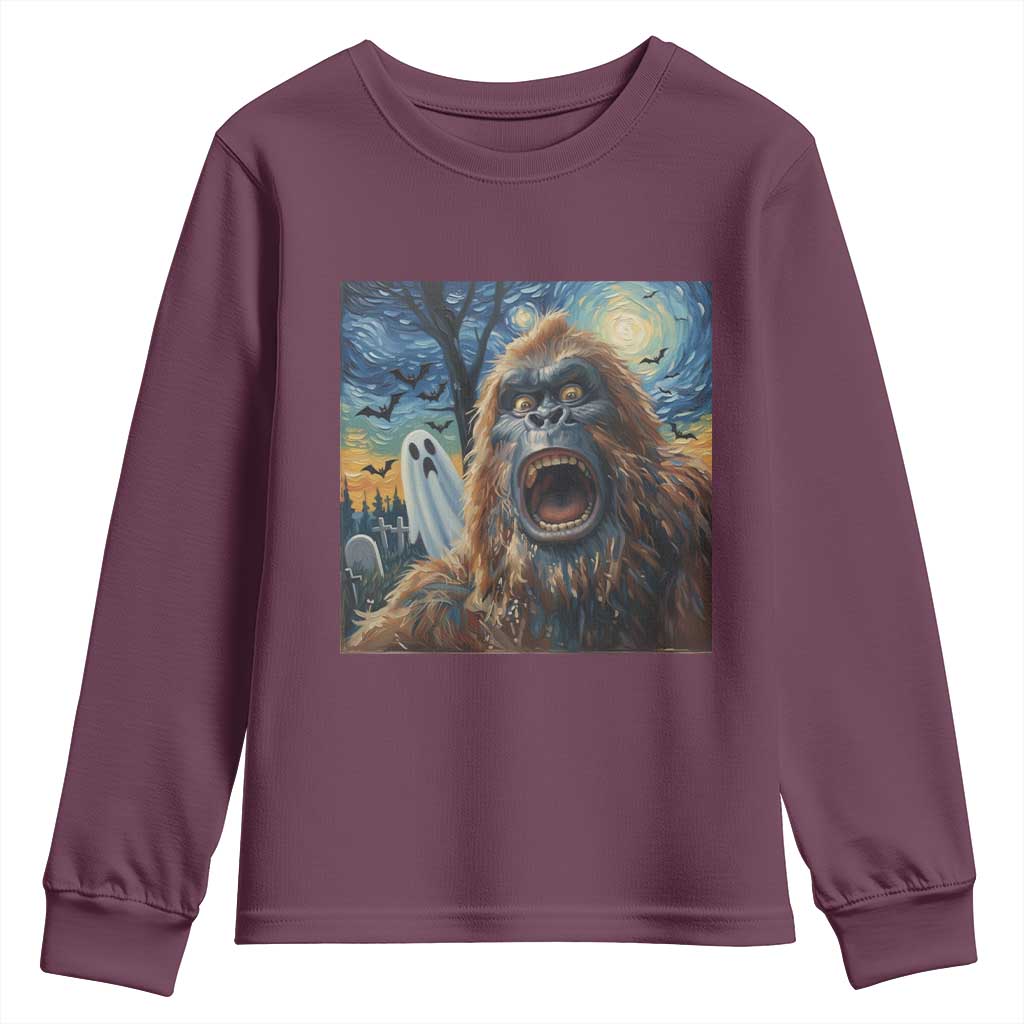Funny Halloween Youth Sweatshirt Bigfoot Selfie With Ghost Starry Night Art TS12 Maroon Print Your Wear