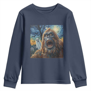 Funny Halloween Youth Sweatshirt Bigfoot Selfie With Ghost Starry Night Art TS12 Navy Print Your Wear