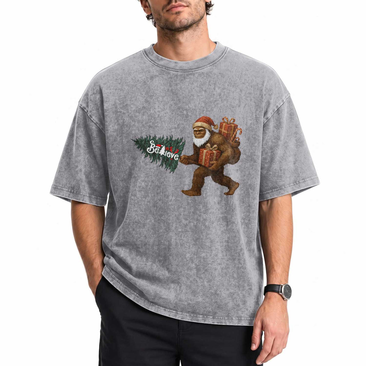 Believe Bigfoot Christmas Washed Cotton T-Shirt Sasquatch Holiday Gift
