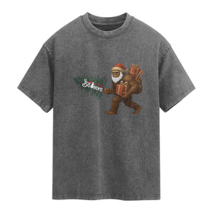 Believe Bigfoot Christmas Washed Cotton T-Shirt Sasquatch Holiday Gift