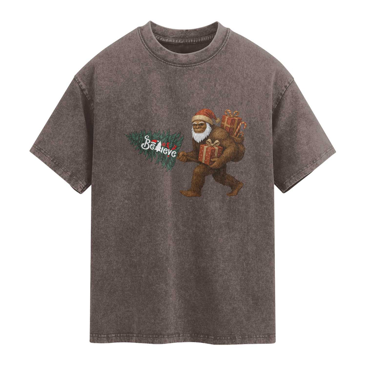 Believe Bigfoot Christmas Washed Cotton T-Shirt Sasquatch Holiday Gift