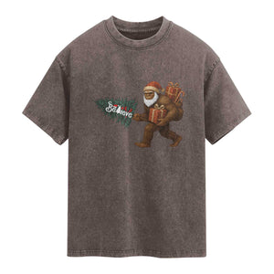 Believe Bigfoot Christmas Washed Cotton T-Shirt Sasquatch Holiday Gift